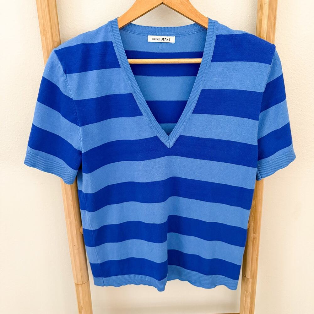 Animale Jeans Blue Striped Knit Sweater Top Shoulder Pads V-Neck Size Large